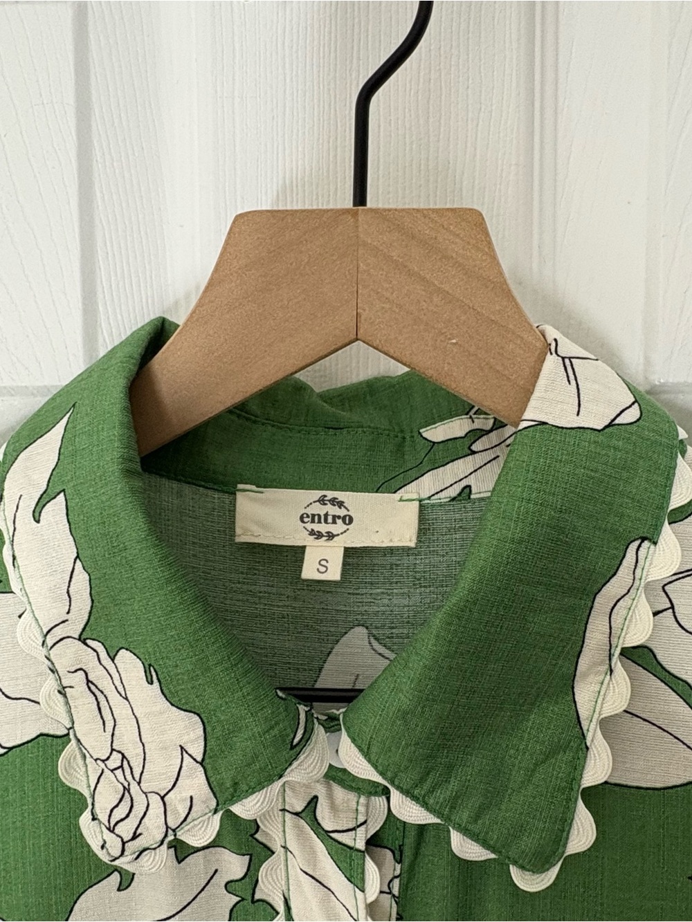 Entro Green White Floral Peony Gardenia Print Midi Dress Ric Rack Trim, S. NWOT - Picture 5 of 15